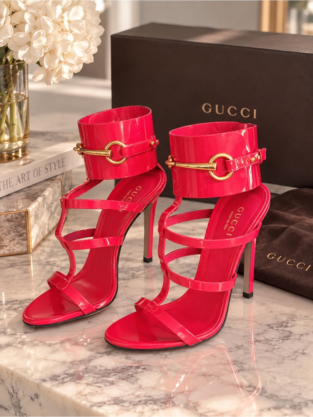 Gucci Ursula Horsebit Ankle Strap Cage Sandal Patent Strappy High Heel Sandals